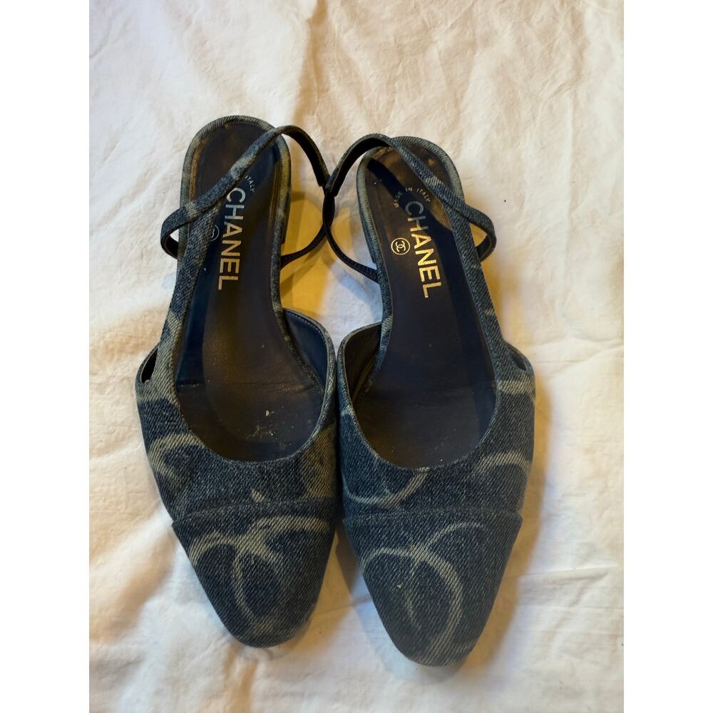 Chanel Vintage Denim Slingback Heels Square Toe Logo Print Made in Italy 37.5